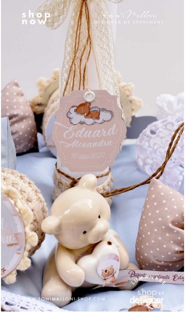 Lumanare de botez cu ursuleti si baloane personalizata prin coasere Air Balloons Teddy Bears 3